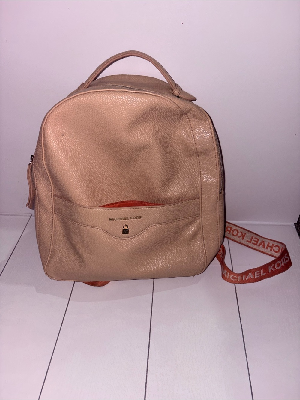 Michael Kors Beige Leather Backpack with Orange Accents